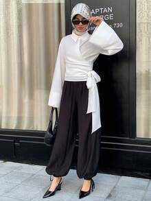 Solavon 黑色灯笼裤，黑色松紧腰阔腿抽绳裤脚裤 - 休闲裤，适合旅行、工作和街头时尚造型，女士休闲百搭纯色抽绳宽松裤，百搭黑色长裤，周末穿搭灵感，时尚休闲裤 - 黑色 - 查看 6