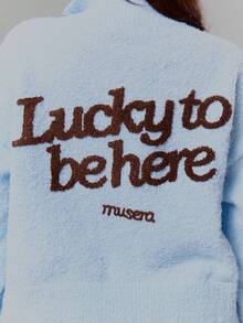 MUSERA Fluffy Knit Back Graphic Slogan Full Zip High Neck Jumper Top Spring, Girly, Day Outfits, Cute, Casual Sweet Pea - Baby Blue - View 6