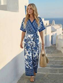 EMERY ROSE Bộ jumpsuit nữ in hoa, cổ chữ V, tay ngắn, ống rộng, kiểu dáng thường ngày. - Xanh và trắng - Xem 3