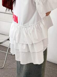 FRIFUL Women's Round Neck Loose Flare Sleeve T-Shirt With Layered Ruffle Back And Contrast Letter Print, Summer Top - White - View 6