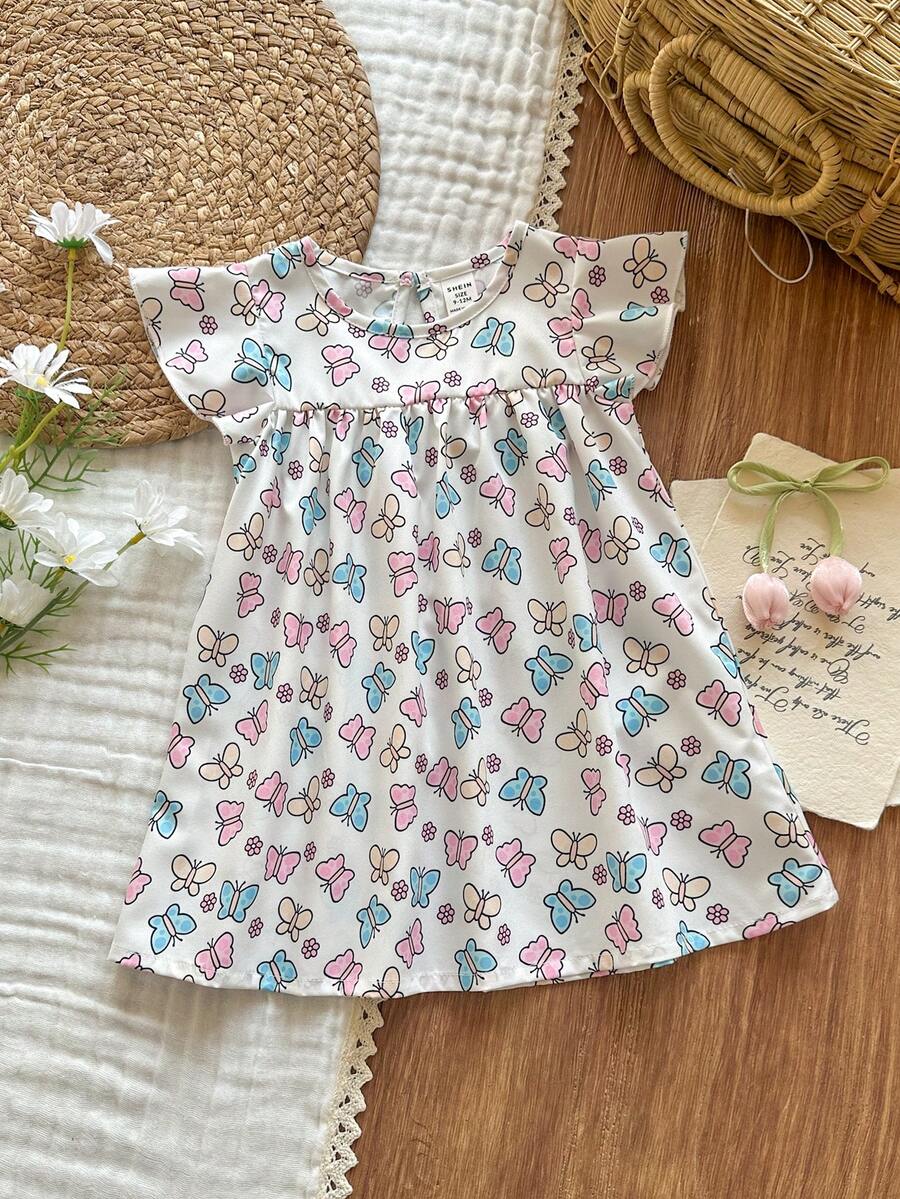 SHEIN Vintaside Kids 女婴幼儿/新生儿 0-3 岁休闲可爱甜美趣味荷叶边袖连衣裙,适合春夏日常穿着和外出活动 - 彩色 - 查看 1