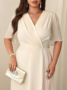 Firerie Vestido de fiesta elegante con cuello en V y cintura fruncida para mujer de talla grande - Albaricoque - Ver 2