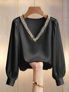 Franclia Modna i słodka bluzka damska z perłowym zdobieniem, dekoltem w serek, długim rękawem, na co dzień i na lato - Czarne - Zobacz 7