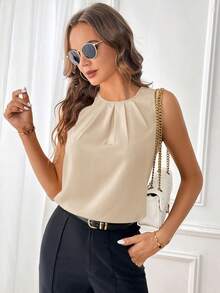 SHEIN Clasi 女士休闲无袖褶皱纯色衬衫，适合日常通勤和夏季穿着 - 杏色 - 查看 4