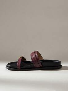 Solecia 女士时尚黑色舒适平底沙滩凉鞋 - 酒紅色 - 查看 10