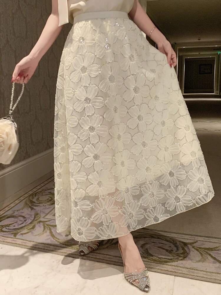 Women's Elegant Lace & Sequin Embellished Skirt, Spring/Summer,Wedding Guest Dress Women