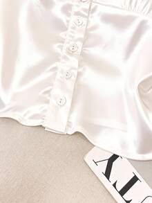 Ellegaria. Women's Solid Color Single-Breasted Pleated Collar Sleeveless Casual Shirt White Elegant Top Pearl Shirt Silk Tops For Women Satin Shirt White Satin Top Satin Blouses For Women Cream Blouse - Multicolor - View 4