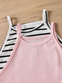 SHEIN Tween Girls' Casual Pink And White Striped Camisole Dress,Multi-Piece Set Summer Bodycon Dress For Kids Vacation Holiday,Kid Dresses Girl Clothes - Multicolor - View 4