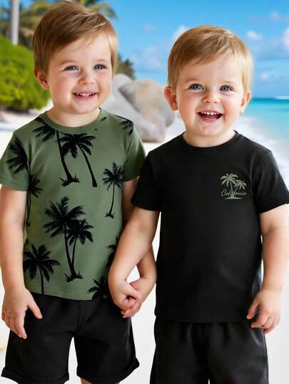2pcs/Set Young BoyCasual Coconut Tree & Letter Print Graphic Tees, Comfortable Daily Wear, Spring/Summer/Autumn