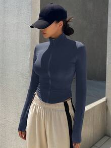 DAZY 女士纯色简约日常长袖T恤，新款秋季运动紧身款 - 灰色 - 查看 3