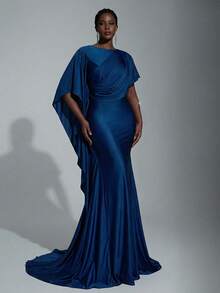 Elitara Plus Size Elegant Luxurious Navy Blue Satin Ruffle Sleeve Sexy Mermaid Hem Bridesmaid Dress - Blue - View 5