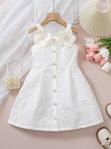 Elladie kids Đầm trắng không tay cho bé gái, chất liệu jacquard, có hàng cúc vàng phía trước, hai bông hồng trắng trang trí trên vai, dáng chữ A ôm sát và dây đeo vai vuông, kiểu dáng cổ điển nhưng thanh lịch, phù hợp cho các bữa tiệc, lễ kỷ niệm, ngày lễ, cũng như các buổi đi chơi mùa xuân/hè và đi học. - trắng - Xem 4