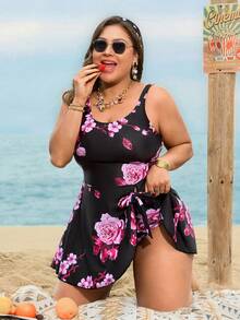 Swim Lushoire Bộ bikini tankini buộc dây phía trước 2 món in họa tiết ngẫu nhiên dành cho nữ cỡ lớn. - màu đen - Xem 5