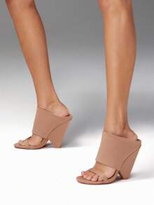 SHUZIA 精美女士米色帆布高跟凉鞋，圆头设计，春夏时尚假日鞋款 - 米色 - 查看 2