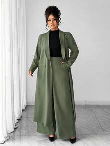 Elenzga 大码女式纹理面料长款开衫和裤子套装，优雅适合约会、聚会、办公室通勤，军绿色两件套，复古风格，适合毕业典礼、节日、情人节、音乐节、母亲节、万圣节、感恩节、复活节、国庆节、舞会、约会、派对、婚礼、户外旅行等场合。 - 軍綠色 - 查看 6