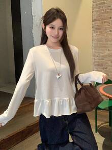 DAZY 女士圆领纯色韩版荷叶边休闲长袖T恤，秋季女装 - 白色 - 查看 6