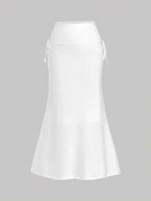 SHEIN MOD Petite Women's White Elegant Mermaid Skirt,Autumn Tea Party Knotted Design,Petite Perfect Fit For 150-160cm,Solid Color Date Night&Outing Vintage Graduation - White - View 8
