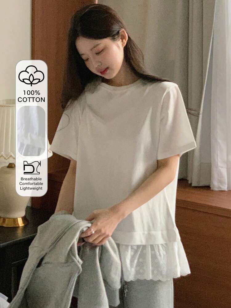 Round Neck Short Sleeve Contrast Lace Casual T-Shirt For Girls