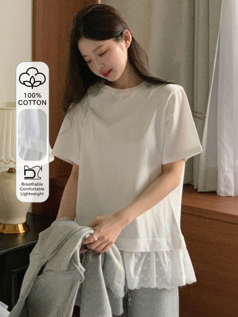 DAZY Round Neck Short Sleeve Contrast Lace Casual T-Shirt For Girls - White - View 1
