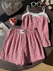 SHEIN 2件套少女休闲可爱格子吊带背心和配套短裤套装，适合日常、通勤、休闲、外出，适合春夏穿着。 - 紅色 - 查看 1