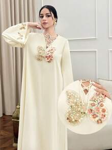 Yasmyna رمضان فستان أنيق بأكمام طويلة وياقة ربطة عنق مزين بترتر على شكل فراشة بطراز عربي - لون مشمشي - مشاهدة 3