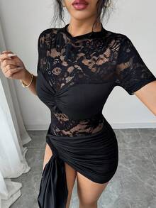 Selianne Women's Lace Hollow Out Round Neck Short Sleeve Bodysuit - Black - View 3