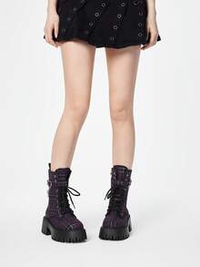 ROMWE Grunge Punk Women's Dark Rock Punk Goth Lace-Up Motorcycle Boots, Platform Thick Sole Ankle Boots For Christmas - Purple grid - View 3