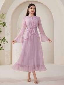 Veilorie Vestido elegante de estilo árabe con mangas acampanadas y ribete de volantes en unicolor para mujer - Rosa vieja - Ver 8