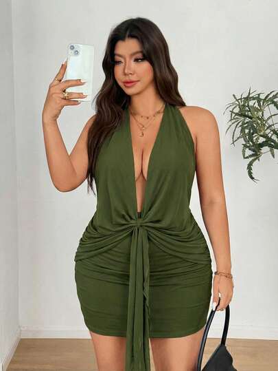 Sunnyshic Plus Size Women's Sexy Deep Draped Neck Tie Strap Solid Color Front Twist Tie Wrap Plunge Bodycon Vacation Dress