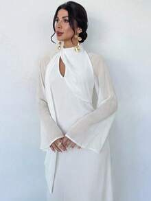 Firerie 女士优雅浪漫度假及日常休闲不对称长袖系领镂空腰部修身A字连衣裙，绿色，适合秋冬季节、生日派对、婚礼宾客、聚会等场合。 - 白色 - 查看 6