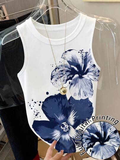 Resyla Women's Casual Floral Print Round Neck Sleeveless Tank Top, Summer