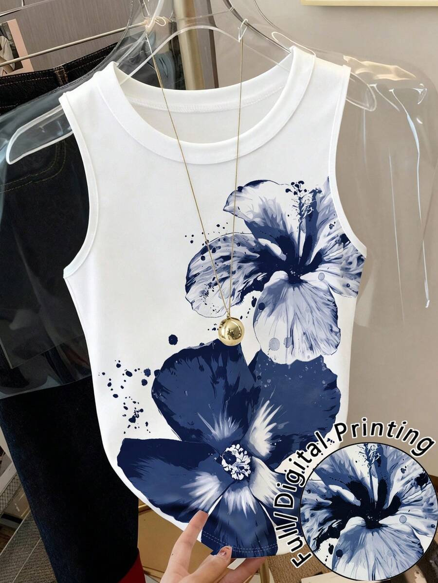 Resyla Women's Casual Floral Print Round Neck Sleeveless Tank Top, Summer - Multicolor - View 1