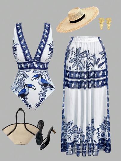 Swim Oasis Conjunto de primavera/verano para mujer, elegante traje de baño de una pieza con estampado vintage BOHO de océano y escote en V profundo, talla grande una falda extra grande acampanada, conjunto de 2 piezas, atuendo de alta gama, sexy y lujoso, con sofisticación elegante, adecuado para la playa, vacaciones, fiestas y uso diario