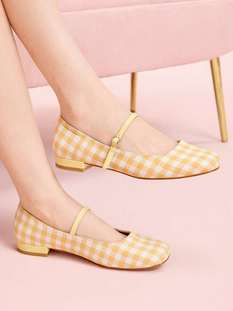 CUCCOO DOLLMOD Zapatos de mujer de punta cuadrada plana tipo Mary Jane a cuadros, estilo campus, tacón bajo lindo, zapatos de primavera color rojo para primavera, vacaciones de primavera y Pascua - Naranja Quemada - Ver 1