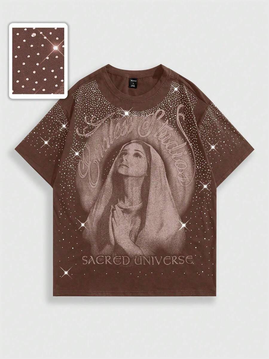 ROMWE MEN Goth Spring/Summer Casual Graphic Men'S Virgin Mary Rhinestone Embellished Short Sleeve T-Shirt, Suitable For Everyday Wear, Spring/Summer - Coffee Brown - View 1
