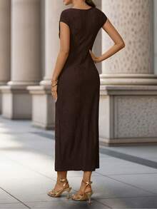 Editum 夏季杏色亮面雪纺圆领短袖时尚金属装饰修身连衣裙（女款） - 棕色 - 查看 3