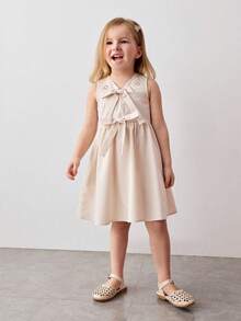 Maija Kids Đầm dệt không tay cổ tròn thêu nơ trang trí màu mơ cho bé gái - Màu be - Xem 1