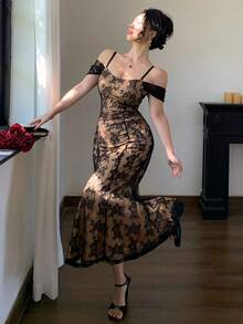 DAZY Đầm midi trễ vai dây mảnh bằng ren thanh lịch dành cho nữ, đầm dự tiệc cưới mùa hè. - màu đen - Xem 7