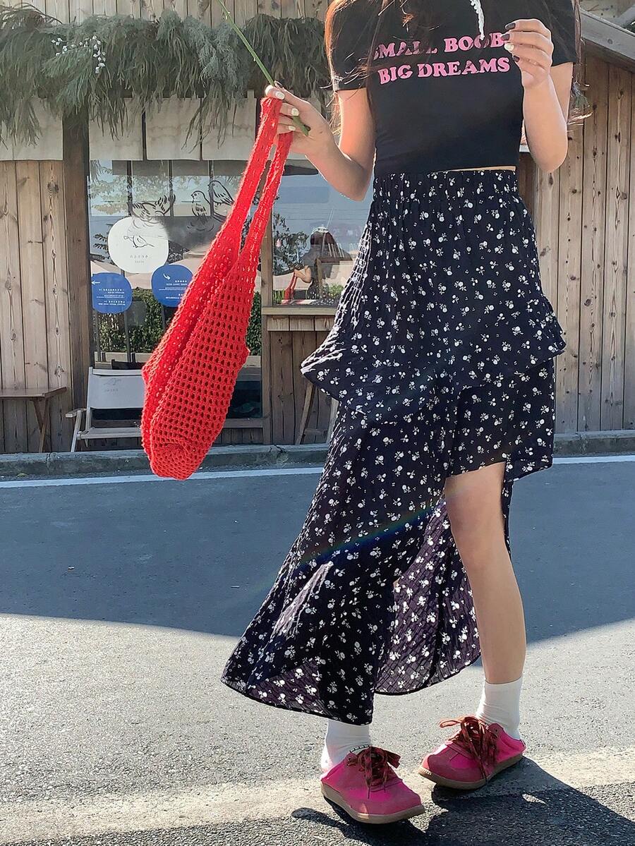 DAZY Women's Black Asymmetrical Ditsy Floral High Waist A-Line Mini Skirt, Summer - Blue - View 1