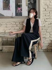 DAZY 女士V领纯色休闲背心和九分裤两件套家居服套装 - 黑色 - 查看 5