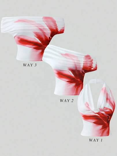 GlowEve Women's Versatile Sexy Cinched Waist Top, Suitable For Vacation - Can Be Worn As Halter, One-Shoulder, Off-Shoulder, Floral Print Elegant Vacation/Travel Layering Top, Summer New Fashion Women T-Shirt