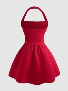 SHEIN Tween Girls' Elegant Beaded Halter Neck Summer Dress - Red - View 2