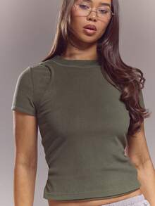 MUSERA Top Ajustada de Manga Curta com Camadas, Primavera Verão, Fofa, Sexy, Streetwear, Noite, Ballet, Praia - Verde Militar - Visão 2
