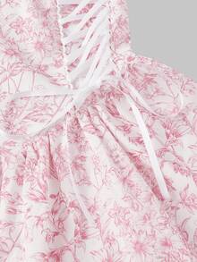 SHEIN MOD Petite 女士粉色印花系带复古伞裙摆短款连衣裙，毕业礼服 - 粉色 - 查看 5