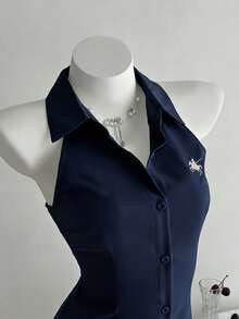 Elamini White Sleeveless Embroidered Fitted A-Line Dress, Spring/Summer - Navy Blue - View 3