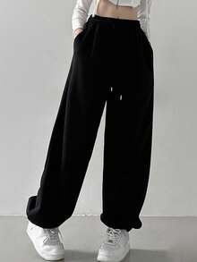 DAZY Women's Solid Color Drawstring Waist & Cuffed Sports Sweatpants,Women Joggers - Black - View 4