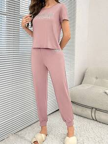 Women's English Printed Short Sleeve Long Pants Pajama Set - Dusty Pink - View 3