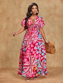 Brilight Đầm hè nữ kiểu dáng thường ngày, họa tiết hoa ngẫu nhiên, thích hợp mặc đi biển. - Đỏ - Xem 3