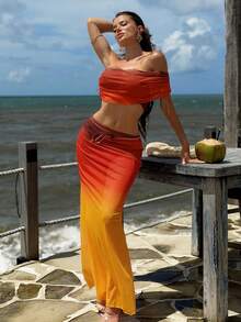 Swim SXY 2pcs/Set 2026 New Gradient Print Mesh Tube Bikini Cover Up For Women, Beach Vacation - Multicolor - View 1