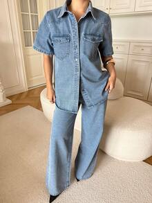 DAZY Women's Casual Washed Pocket Shirt And Wide Leg Jeans Suit, Spring/Summer - Medium Wash - View 1
